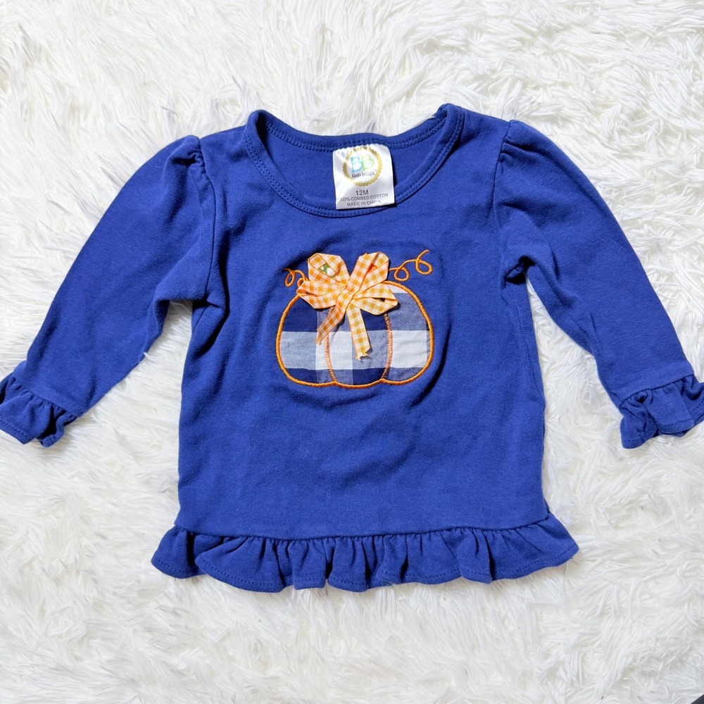 Navy Blue Pumpkin Gingham Ruffle Top 12M Long Sleeve Fall Thanksgiving Shirt